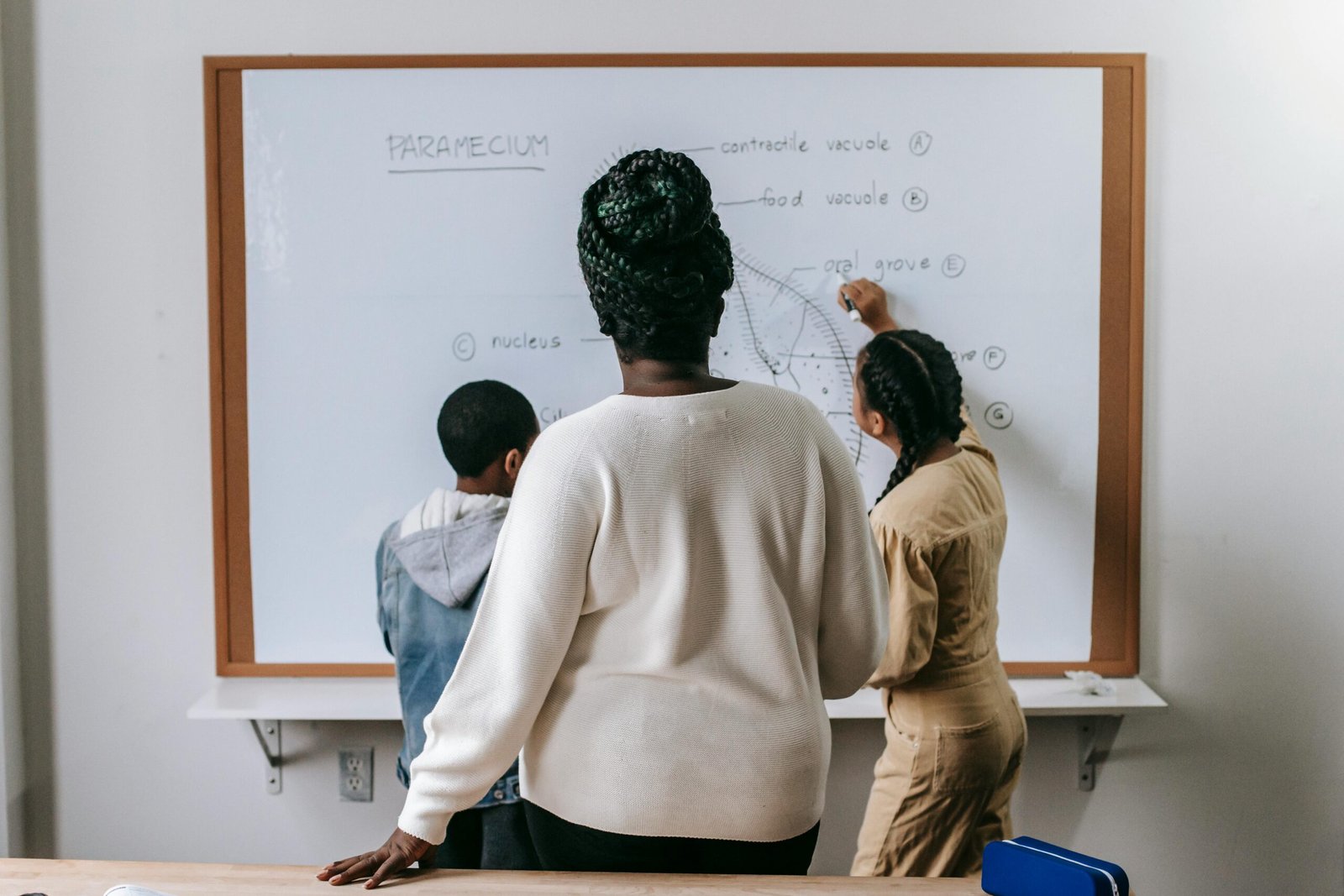Back view of anonymous African American woman watching on pupils writing on whiteboard in classroom