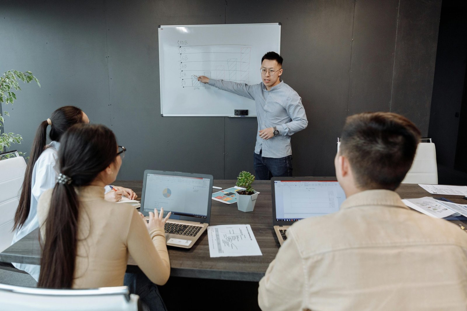 Team collaborating in a modern office with laptops and whiteboard discussions.